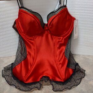'CASSANDRA' RED SATIN CORSET W/BLK LACE TRIM (36C)